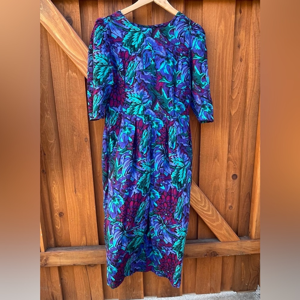 Vintage 80s Floral Midi Dress Secretary Tea Modest Bold Shoulder Pads Vtg Large - Picture 5 of 15